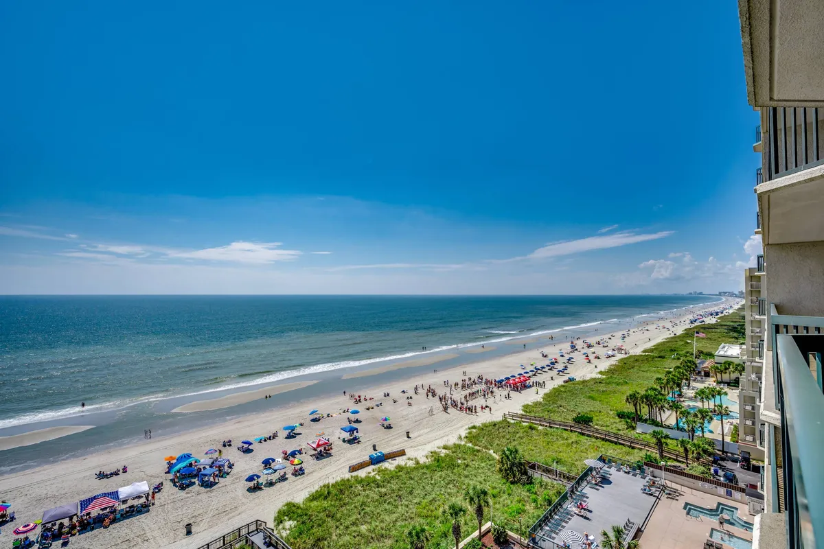 A sweeping view of the beach and ocean, dotted with sunbathers, colorful umbrellas, and lush greenery lining the shore. The scene captures people engaged in various classic beach activities such as swimming, playing games, and strolling along the water's edge.