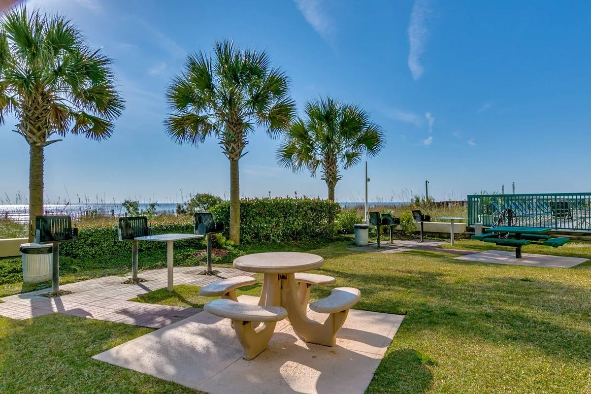 An inviting outdoor gathering area with a picnic table shaded by palm trees, barbecue grills ready for use, and an ocean view stretching into the distance. The scene is cheerful and social, perfect for group meals or relaxing after a night out.